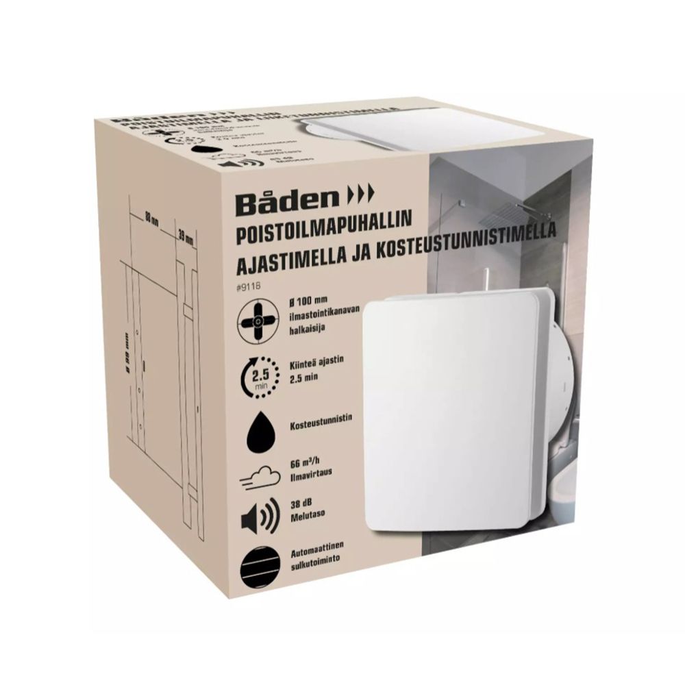 Båden poistoilmapuhallin kosteusanturilla ja ajastimella ø100 mm 12 W IPX5