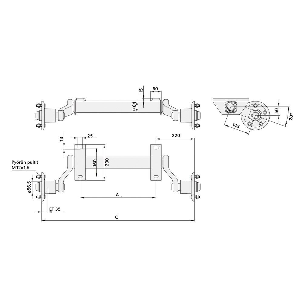 Perävaunun akseli 1790mm 750kg kiinnitysväli 1350mm