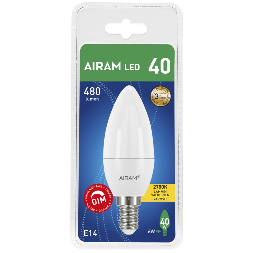 Airam LED-lühterlamp, hämardatav, E14, 4,9 W, 2700 K, 470 lm