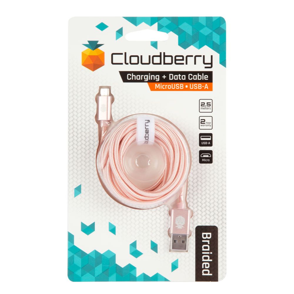 Cloudberry USB-A - MicroUSB vahvarakenteinen datakaapeli 2,5 m ruusukulta