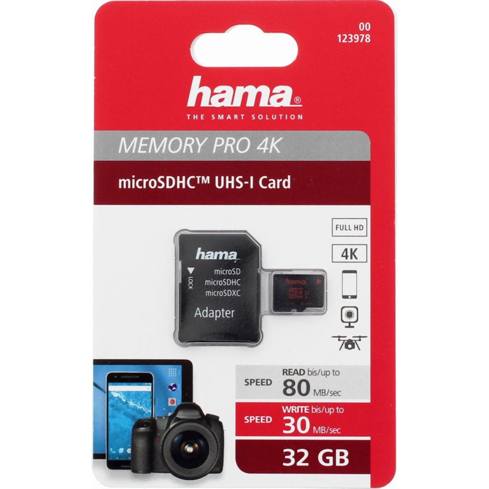 Hama microSDHC muistikortti 32GB UHS Speed Class 3 UHS-I 80MB/s + Adapteri