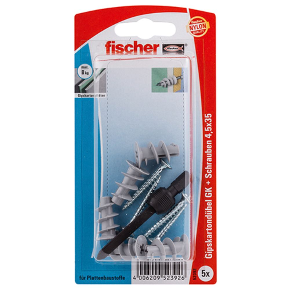 Fischer GK S K kipsilevytulppa ruuvilla, muovia 5 kpl + asennustyökalu