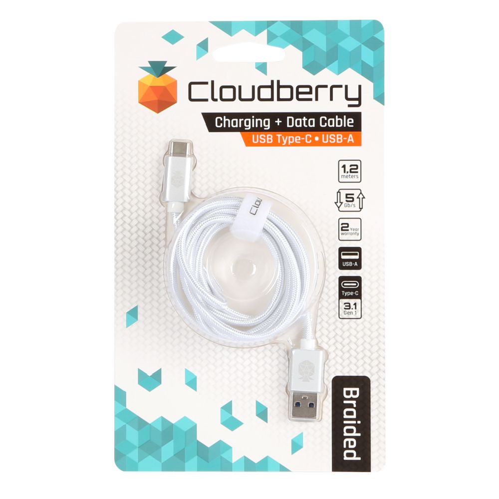 Cloudberry USB-A USB-C vastupidav andmekaabel, valge, 1,2 m