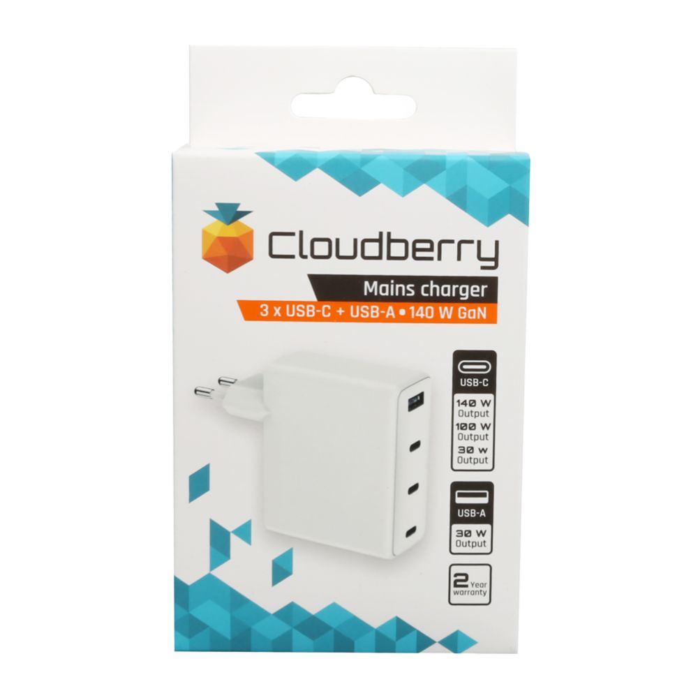 Cloudberry verkkovirtalaturi PD 3 x USB-C + USB-A 140 W GaN