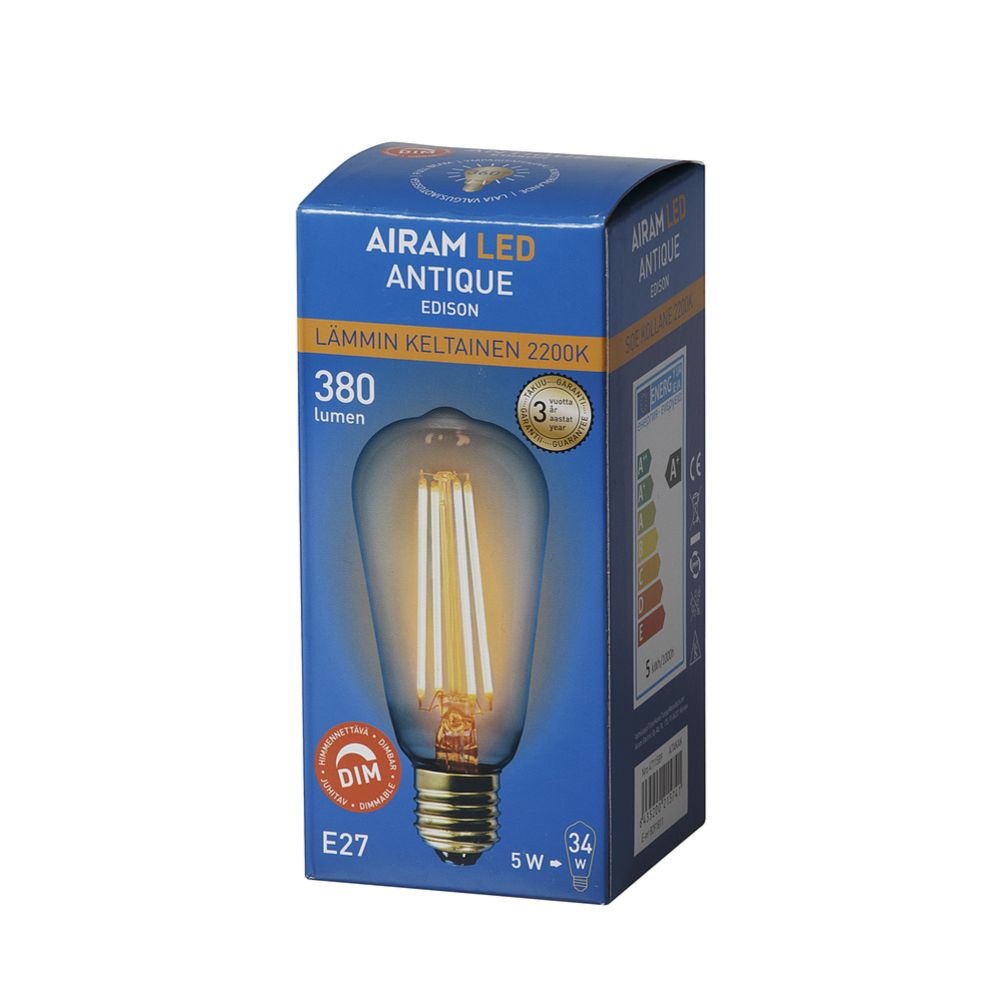 Airam LED antique Edison lamppu E27 5W 2200 K 380 lm himmennettävä