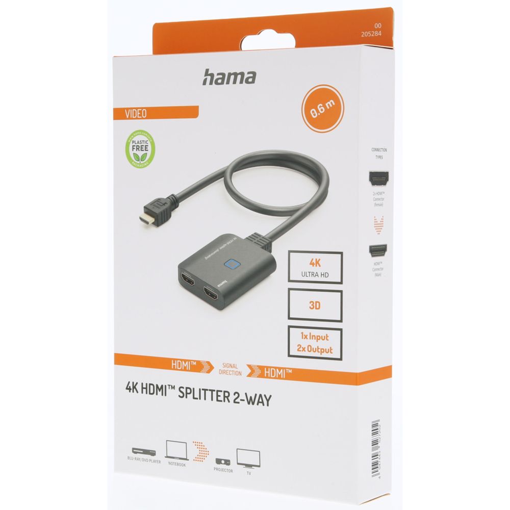 Hama HDMI-jakaja, HDMI uros (tulo) - 2 x HDMI naaras (lähtö), 4K