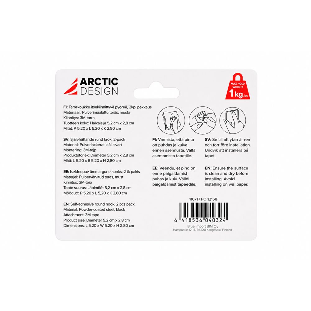 Arctic Design itsekiinnittyvä tarrakoukku pyöreä 52mm 2kpl musta
