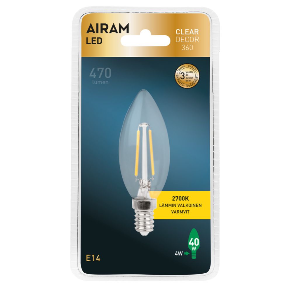 Airam LED filament-lühterlamp, E14, 4,5 W, 2700 K, 470 lm