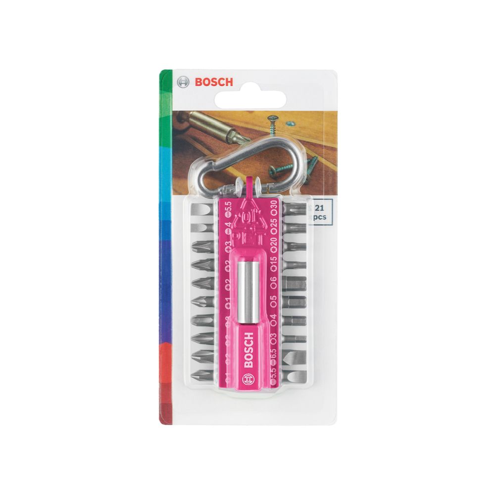 Bosch kruvikeeraja otsikute komplekt karabiiniga, 21 osa, fuksia