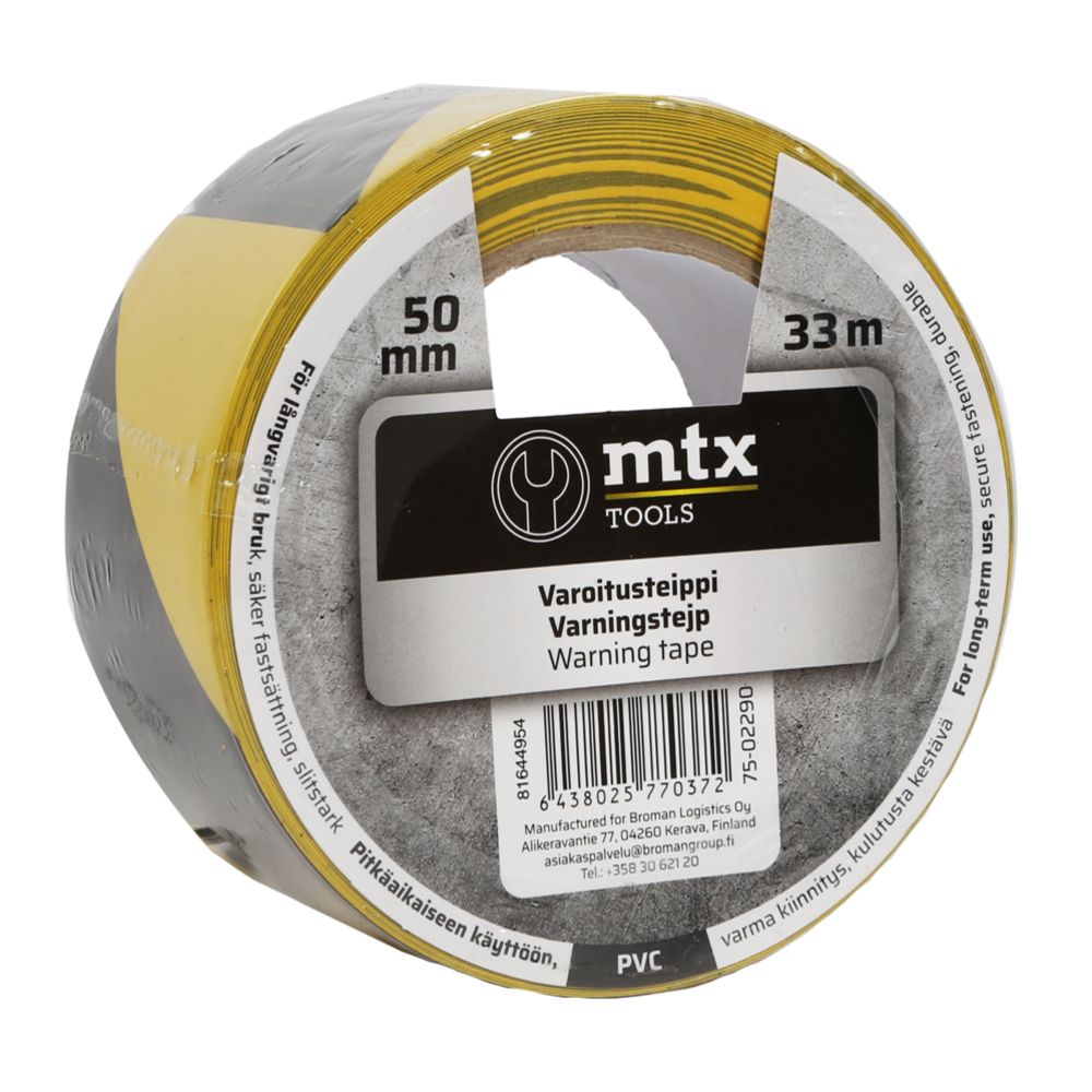 MTX varoitusteippi 50 mm x 33 m musta/keltainen