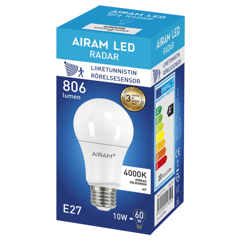 Airam Radar LED pallolamppu E27 7,8 W 4000 K 1055 lm liiketunnistimella