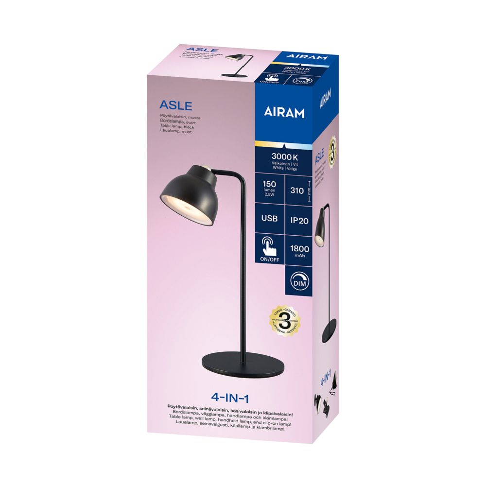 Airam Asle LED-bordslampa Ø 9 cm USB-C 2,5 W 150 lm 3000 K