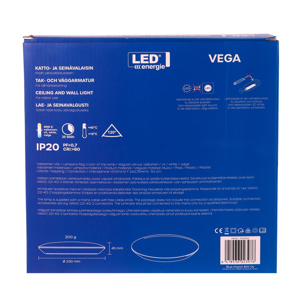 Led Energie VEGA kattovalaisin 12 W Ø 230 mm 1020 lm 4000 K IP20