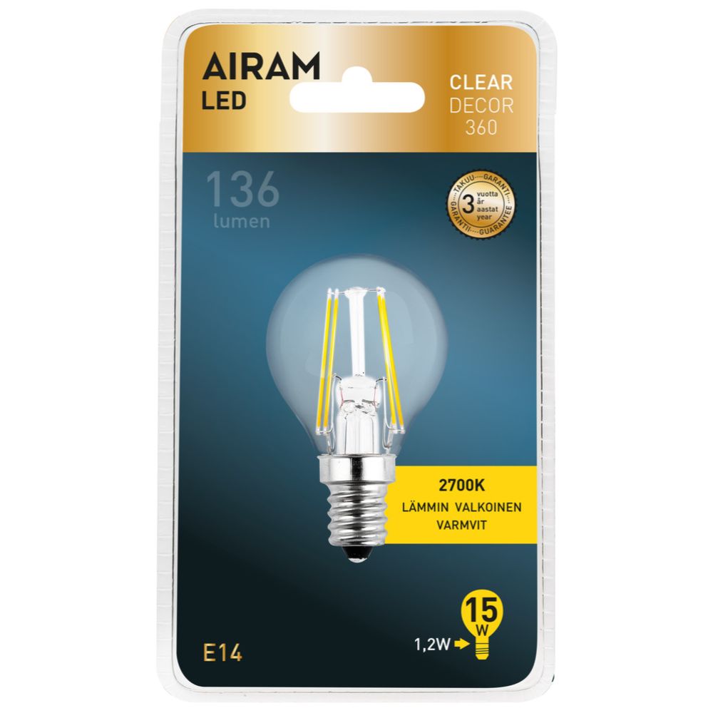 Airam LED-filamenttilamppu P45 E14 2,5W 250lm 2700K