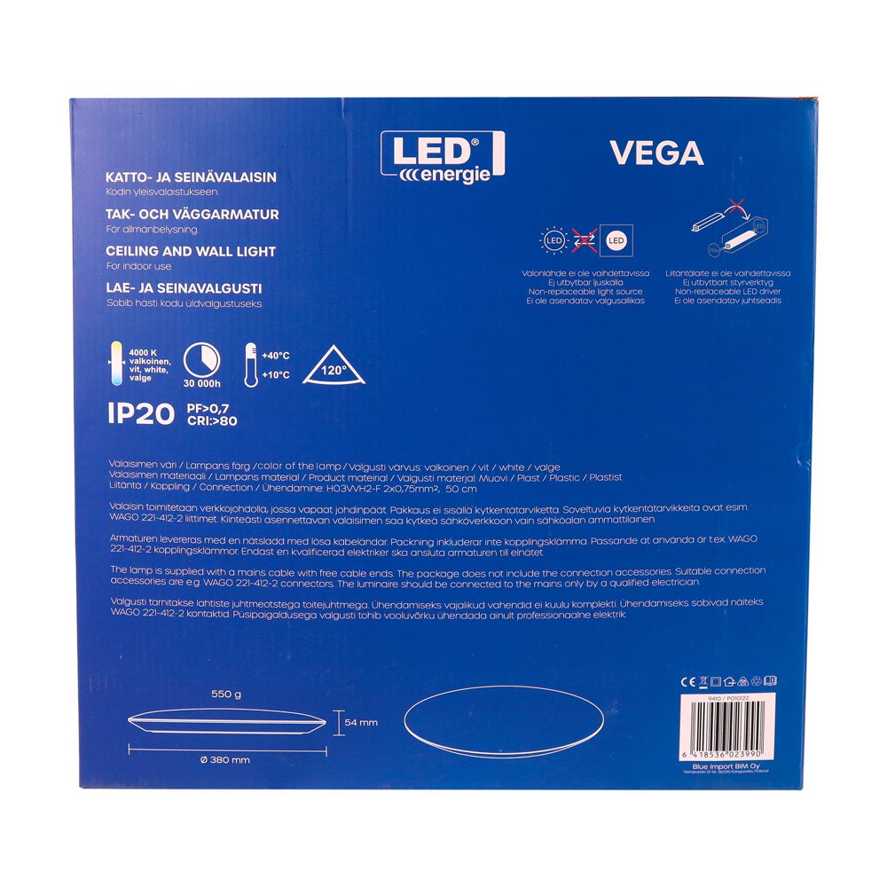 Led Energie VEGA laevalgusti 28 W Ø 380 mm 2380 lm 4000 K IP20