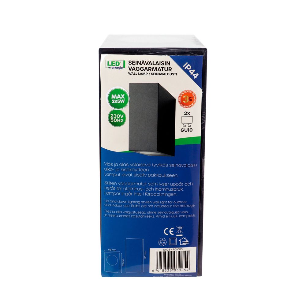 Led Energie Tummaharmaa Seinävalaisin 2xGU10 IP44