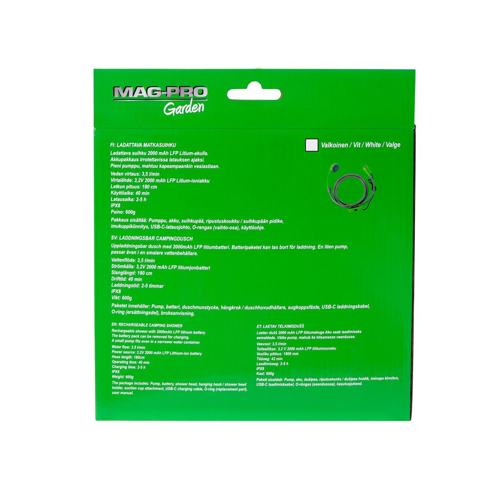 Mag-Pro Garden laetav matkadušš, valge, IPX8