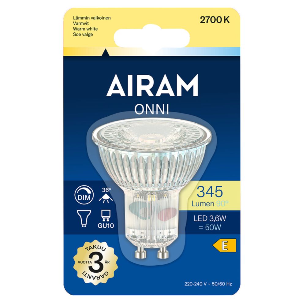 Airam LED kohdelamppu GU10 3,6W 2700K 345 lm himmennettävä