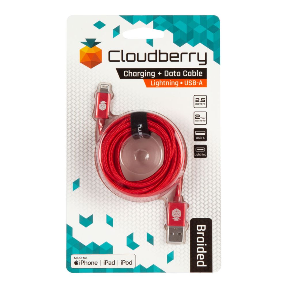 Cloudberry USB-A Lightning vastupidav andmekaabel, punane, 2,5 m