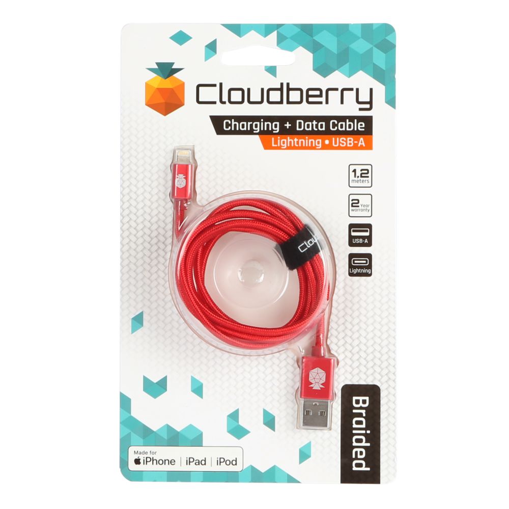 Cloudberry USB-A Lightning vastupidav andmekaabel, punane, 1,2 m