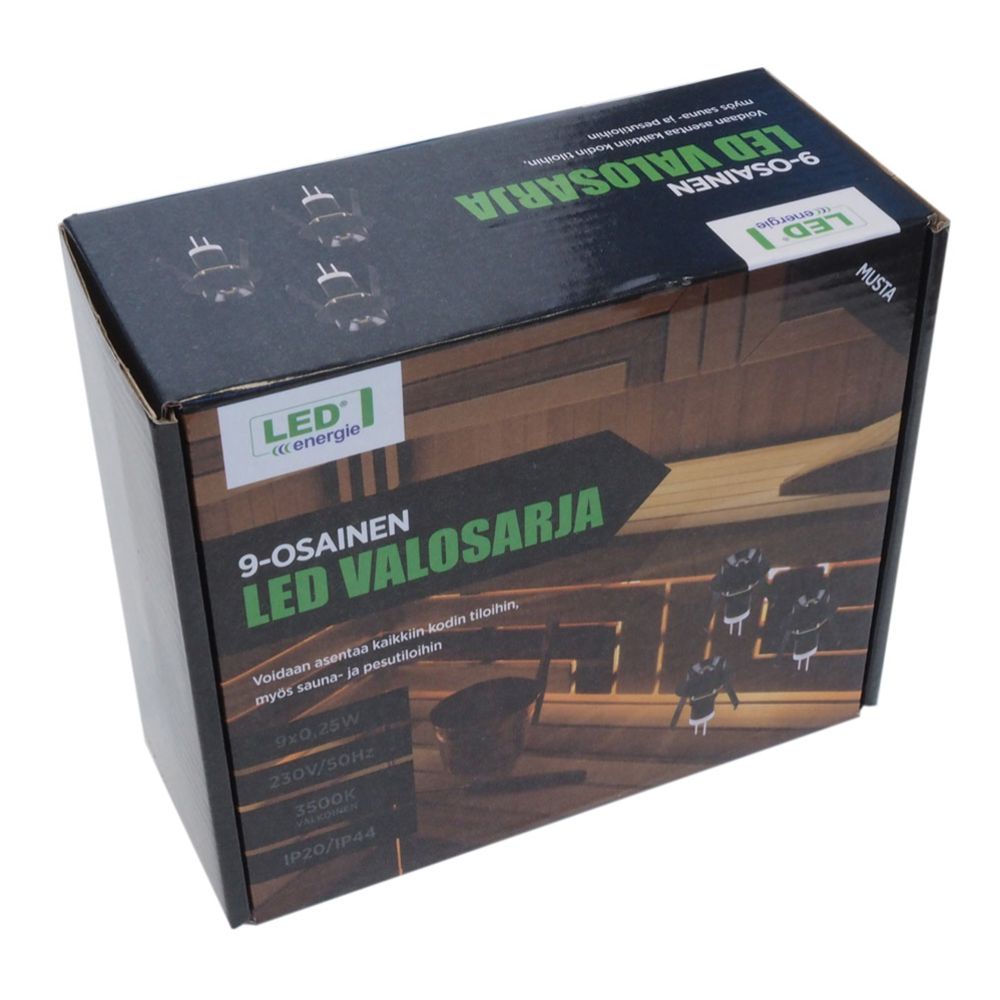 9-osaline LED-saunavalgustite komplekt, must