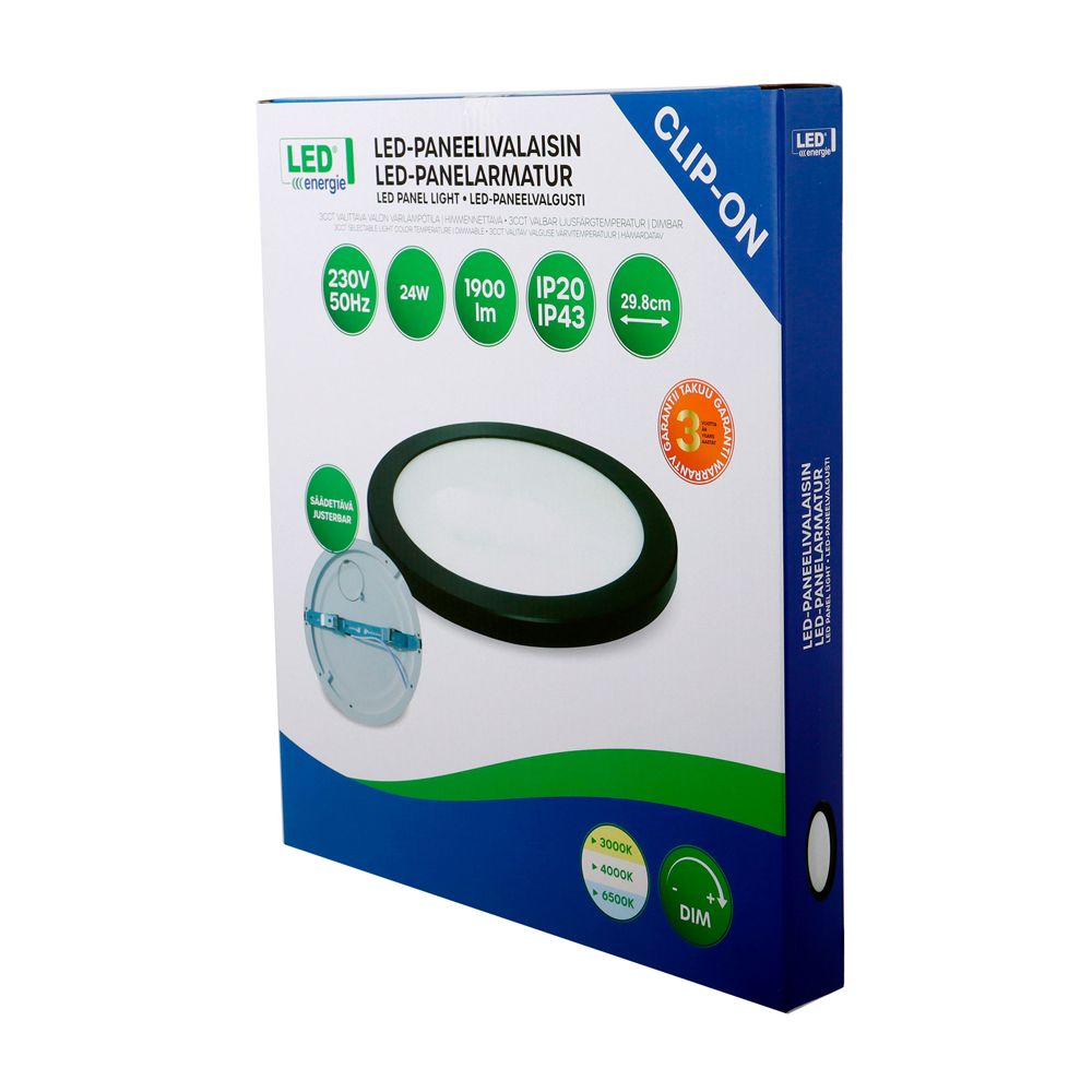 Led Energie CLIP-ON panelarmatur 24 W Ø 298 mm 3CCT DIM 1900 lm svart