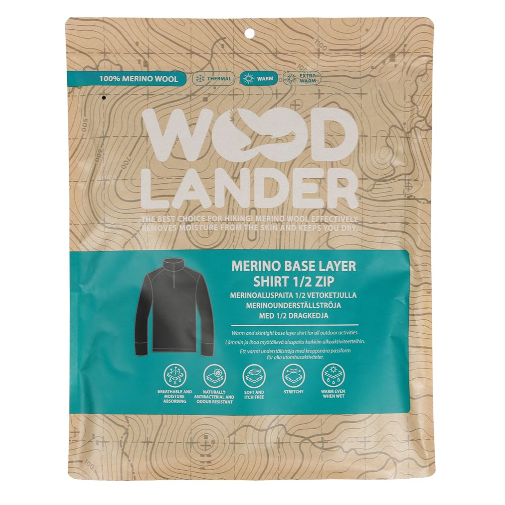 Woodlander 100 % merinoaluspaita 1/2 vetoketjulla musta