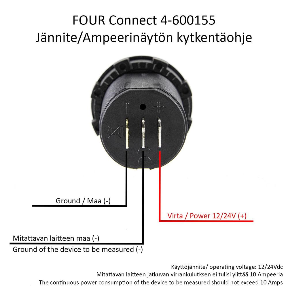 Four spännings-/amperedisplay vattentät 12/24 V DC