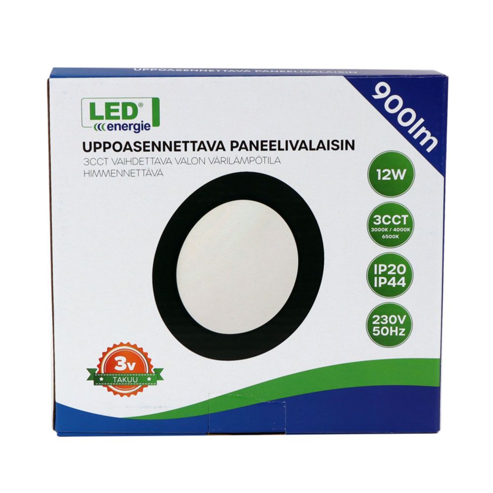 Led Energie paneelivalaisin uppoasennettava 12 W 900 lm 3CCT musta ø 170 mm