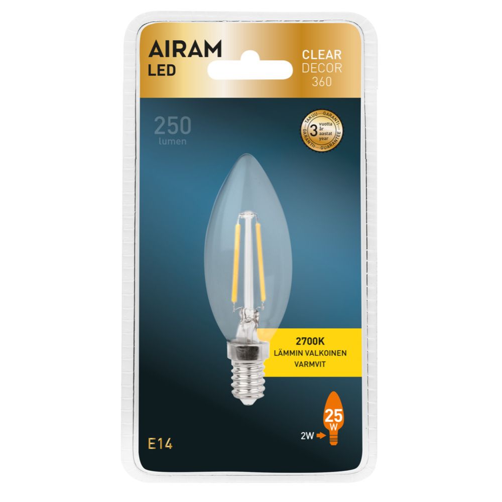 Airam LED-lühterlamp, E14, 2,5 W, 2700 K, 250 lm