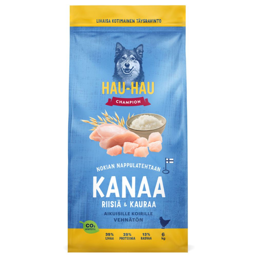 Hau-Hau Champion kana, riisi ja kaeraga täistoit täiskasvanud koertele, 6 kg