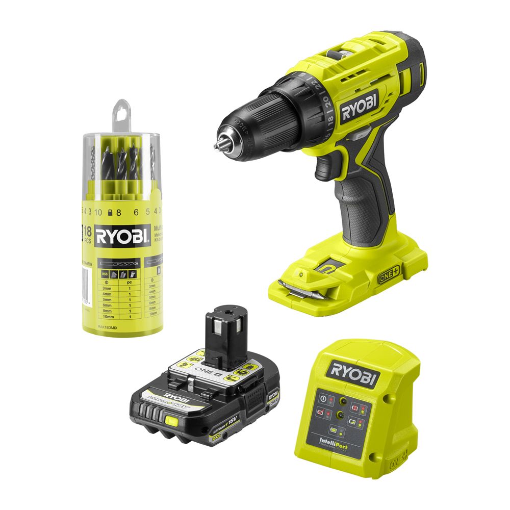 Ryobi ONE+ borrmaskin med borrsats R18DD4-1C20GA18 (2,0 Ah)