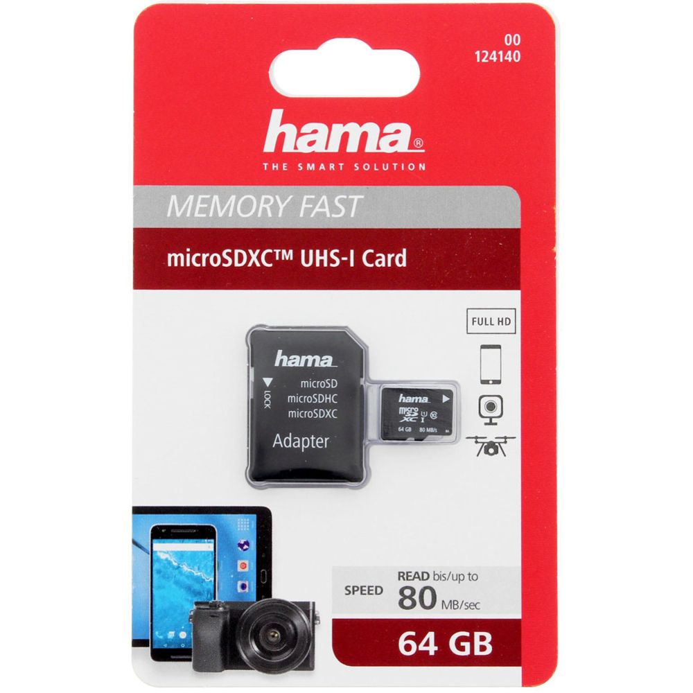 Hama microSDXC muistikortti 64GB Class 10 UHS-I 80MB/s + Adapteri