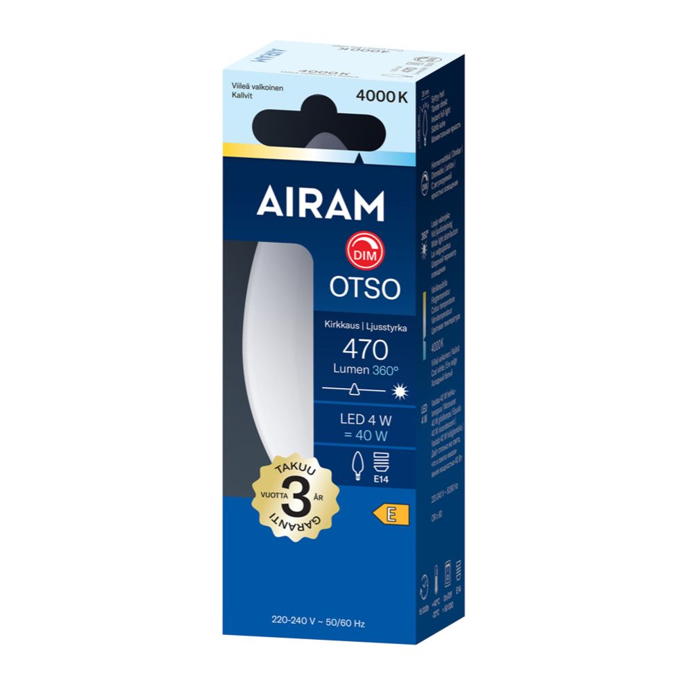 Airam Otso LED-filamenttilamppu C35 E14 4,2W 470lm 4000K IP20 himmennettävä
