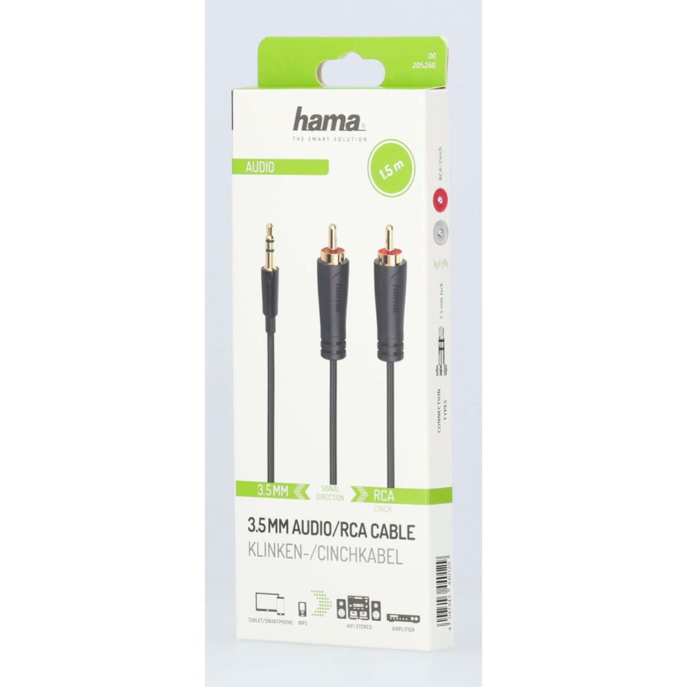 Hama Audiokaapeli, 3,5 mm uros - 2 x RCA uros, 1,5 m, kullatut liittimet