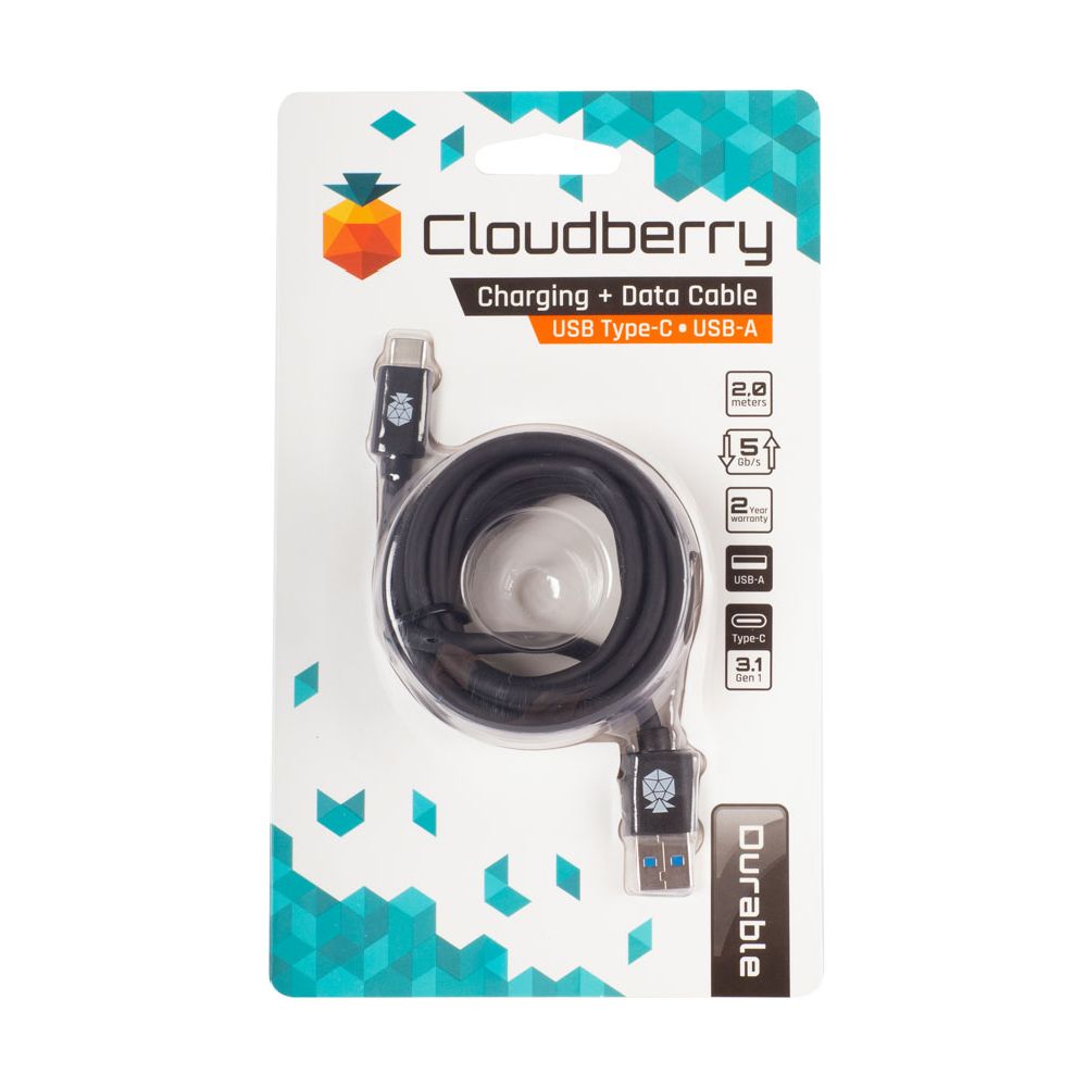 Cloudberry USB-A USB-C andmekaabel, must, 2 m