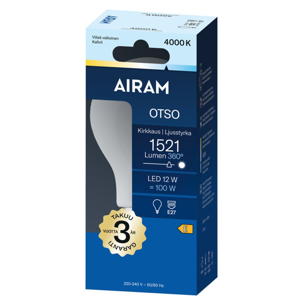 Airam Otso LED-vakiokupulamppu A60 E27 12 W 1521lm 4000K