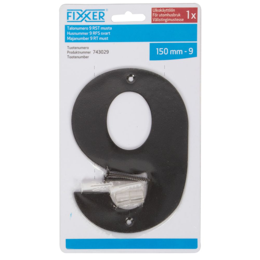 Fixxer® talonumero "9" mustaksi maalattu teräs 150 mm