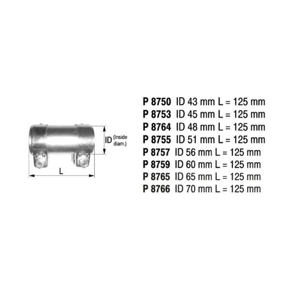 Väliholkki kiristimillä VAG sisä-ø43 mm pituus 125 mm