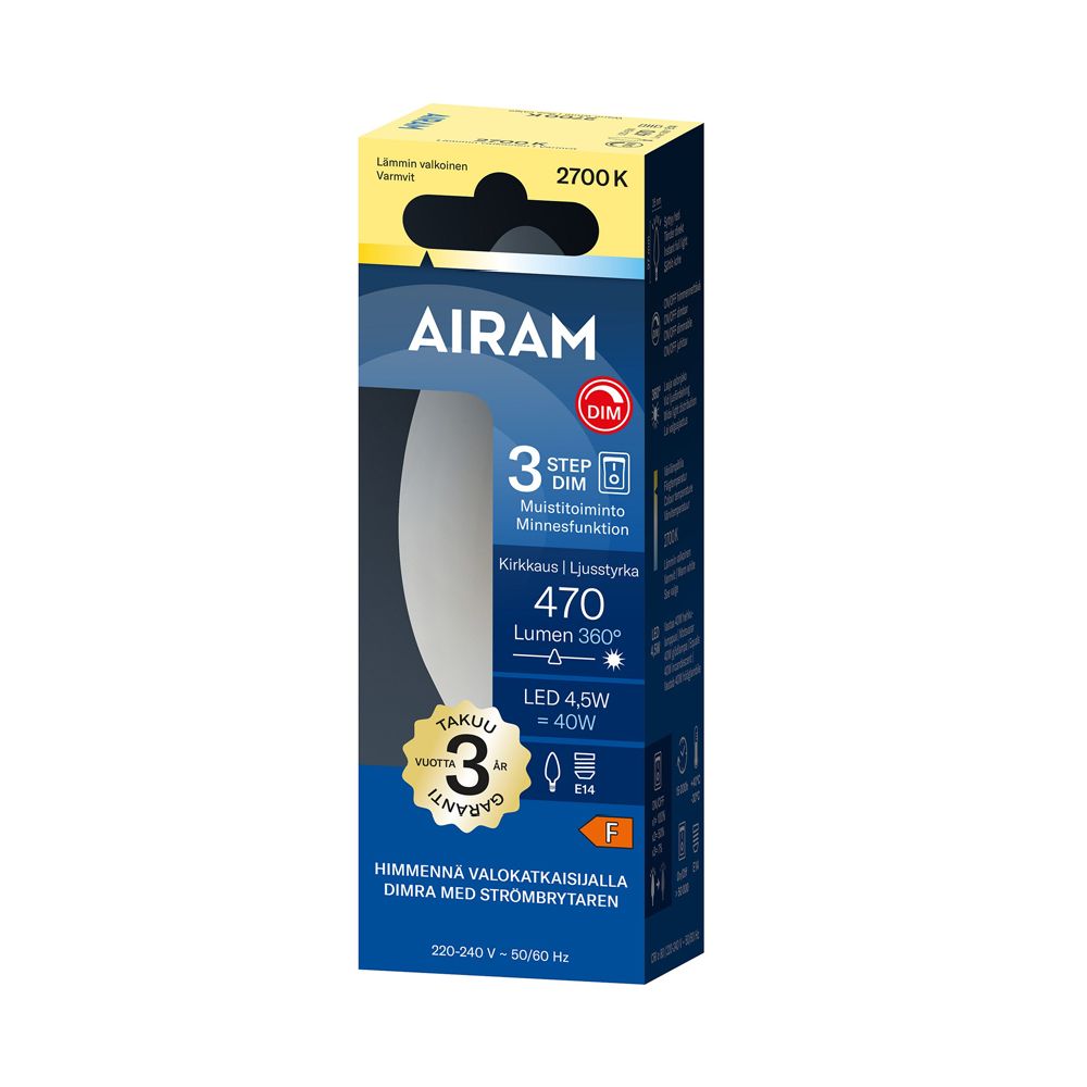 Airam LED-filamentlampa 3-Step C35 E14 4,5W 470lm 2700K IP20 dimbar