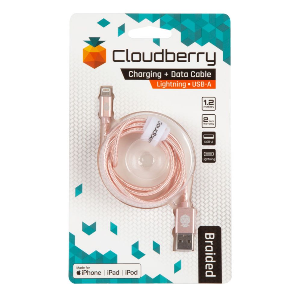 Cloudberry USB-A Lightning vastupidav andmekaabel, roosa/kuldne, 1,2 m