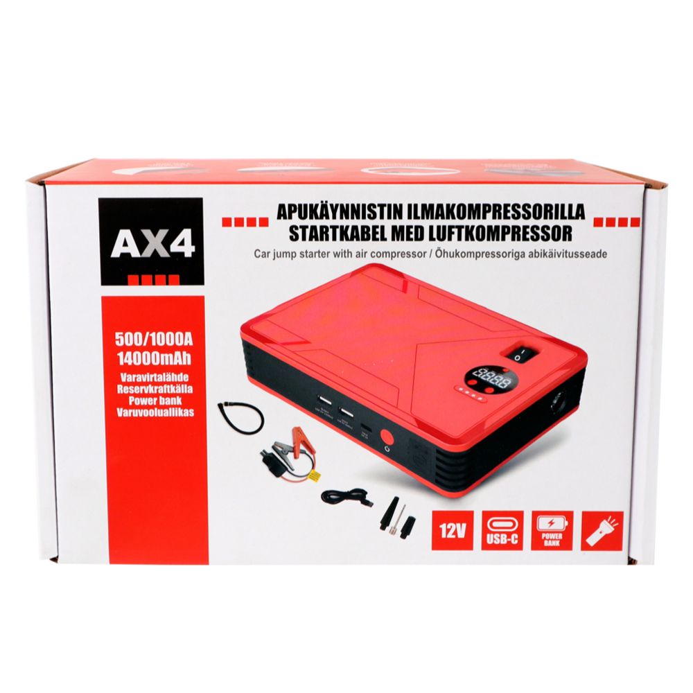 AX4 Starthjälp med luftkompressor 12 V 500/1000 A 14000 mAh
