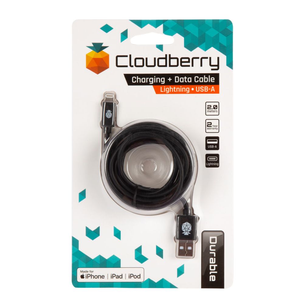 Cloudberry USB-A Lightning andmekaabel, must, 2 m