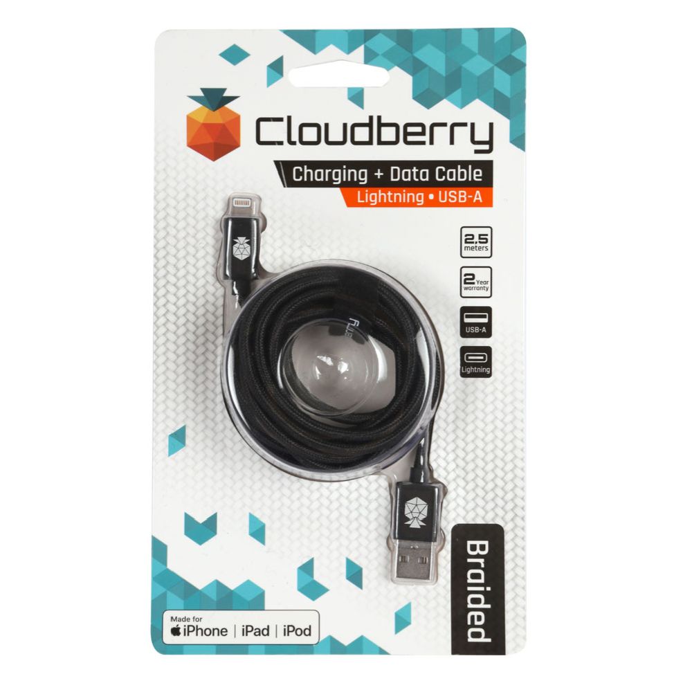 Cloudberry USB-A Lightning vastupidav andmekaabel, must, 2,5 m