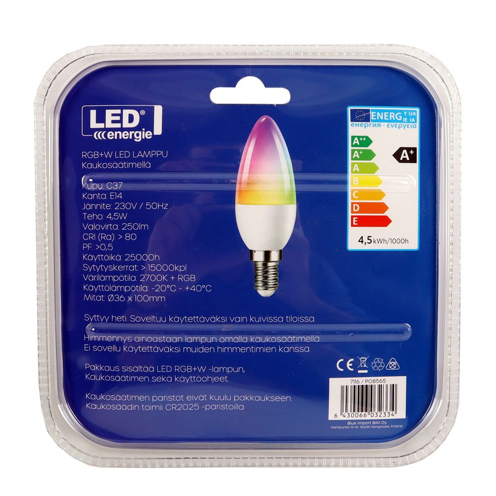 LED RGB+W kronljuslampa med fjärrkontroll E14 4,5 W 2700 K 250 lm
