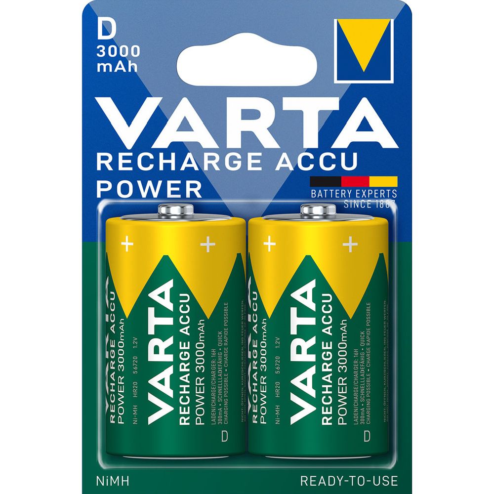 VARTA Recharge Accu Power D 3000 mAh laddningsbara batterier, 2 st.