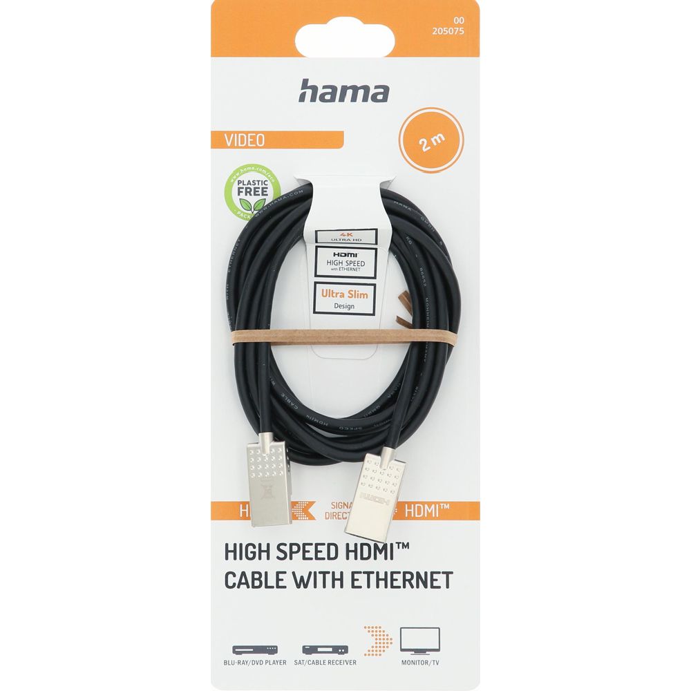 Hama HDMI-kaapeli, HDMI uros - HDMI uros, "Ultra-slim", 4K, Ethernet, 2,0 m