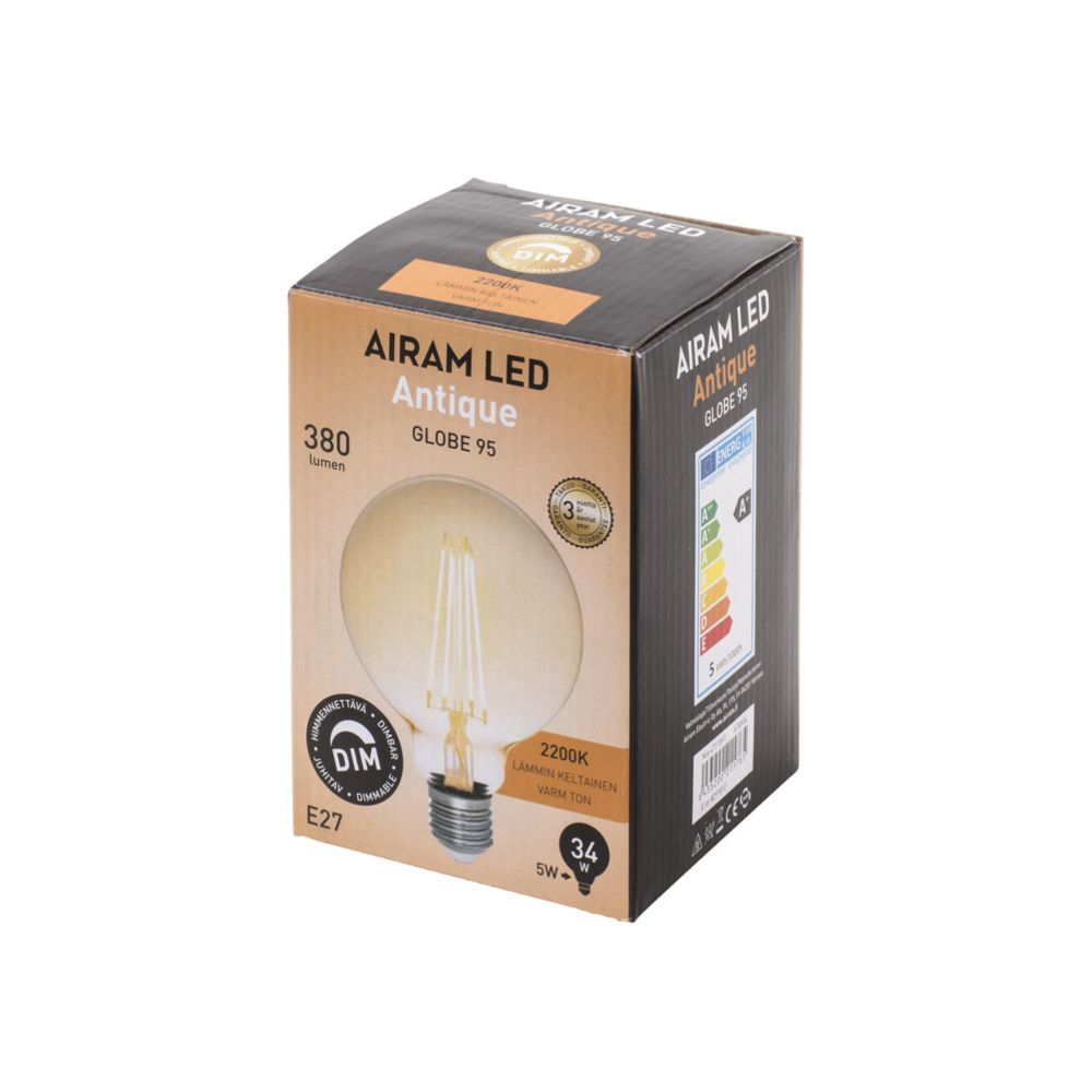 Airam Antique Globe LED-lamp, Ø95 mm, E27, 5 W, 2200 K, 380 lm, hämardatav