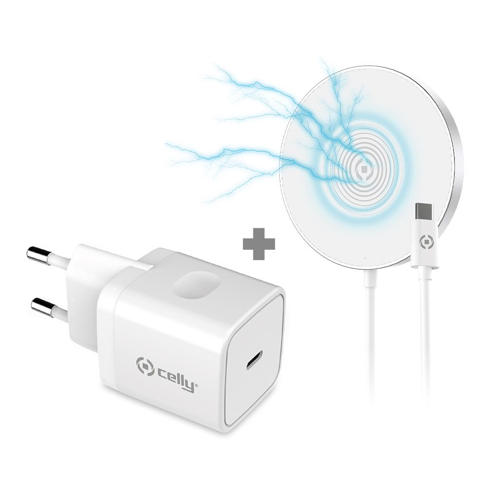 Celly MagSafe juhtmevaba laadija + seinalaadija, USB-C, 20 W, valge