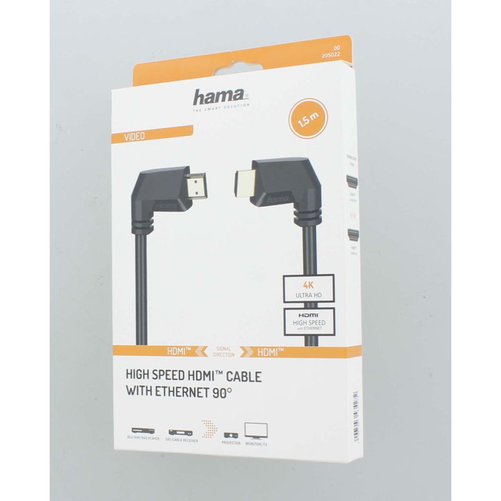 Hama HDMI-kaapeli, HDMI uros 90° - HDMI uros 90°, 4K, Ethernet, 1,5 m